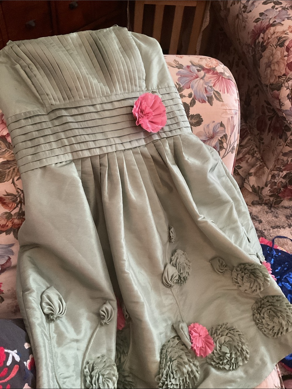 Bill Levkoff Strapless Taffeta with 3D Floral Applique, Green with Pink, Size XS